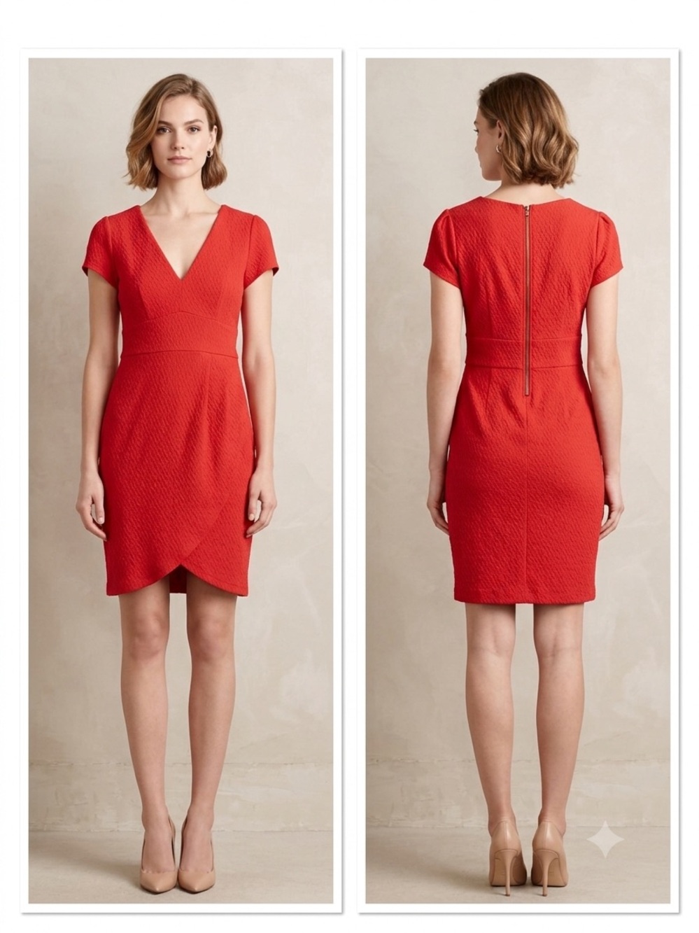 Mauve Textured Coral-Red V‑Neck Cap Sleeve Mini Dress